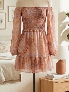 Aritzia Peach Swirl Off-Shoulder Long Sleeve Mini Dress